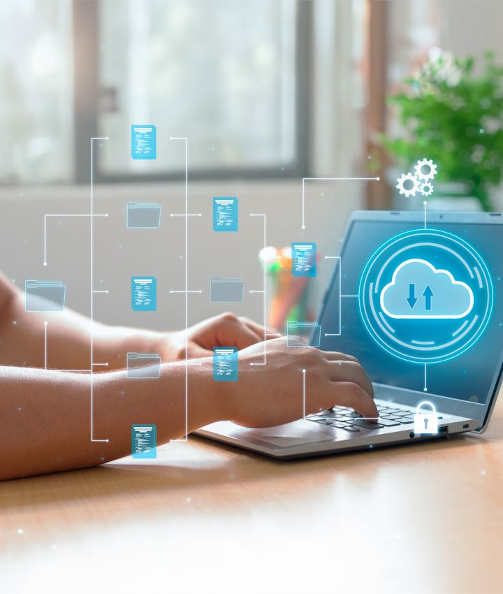 Cloud infrastructure infographic over women typing on laptop
